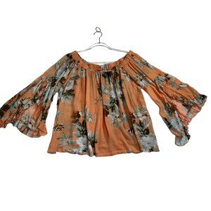 A Beautiful Soul Womens 1X Floral Top Ruffled Bell Sleeves Stretchy Beachy Boho